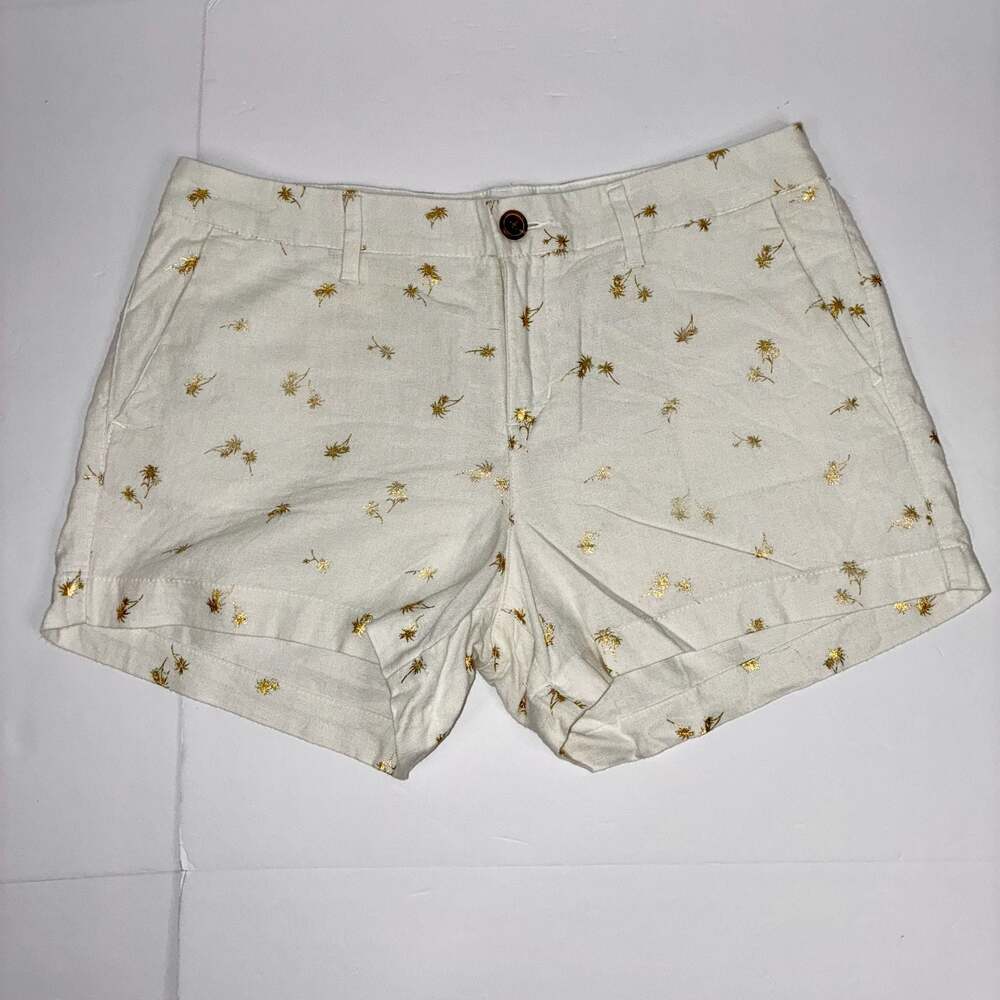 Old Navy Women Everyday Short Size 6 White Gold Foil Palm Tree Linen Blend